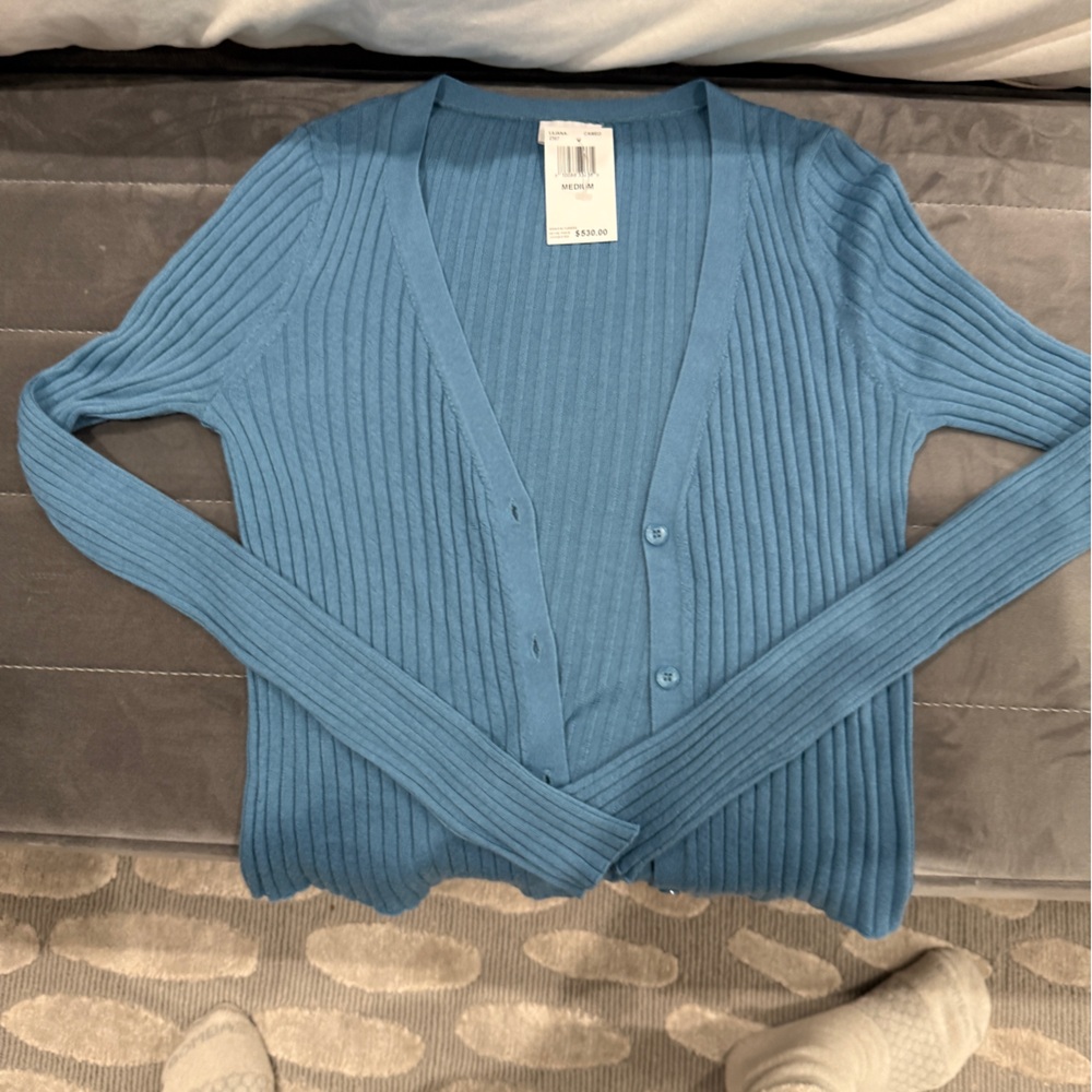 SABLYN Elegant Blue Ribbed Cardigan Sweater